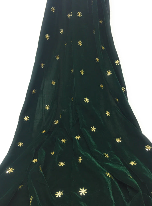 Green Velvet Fabric, Gold Sequin Embroidery Material by meter