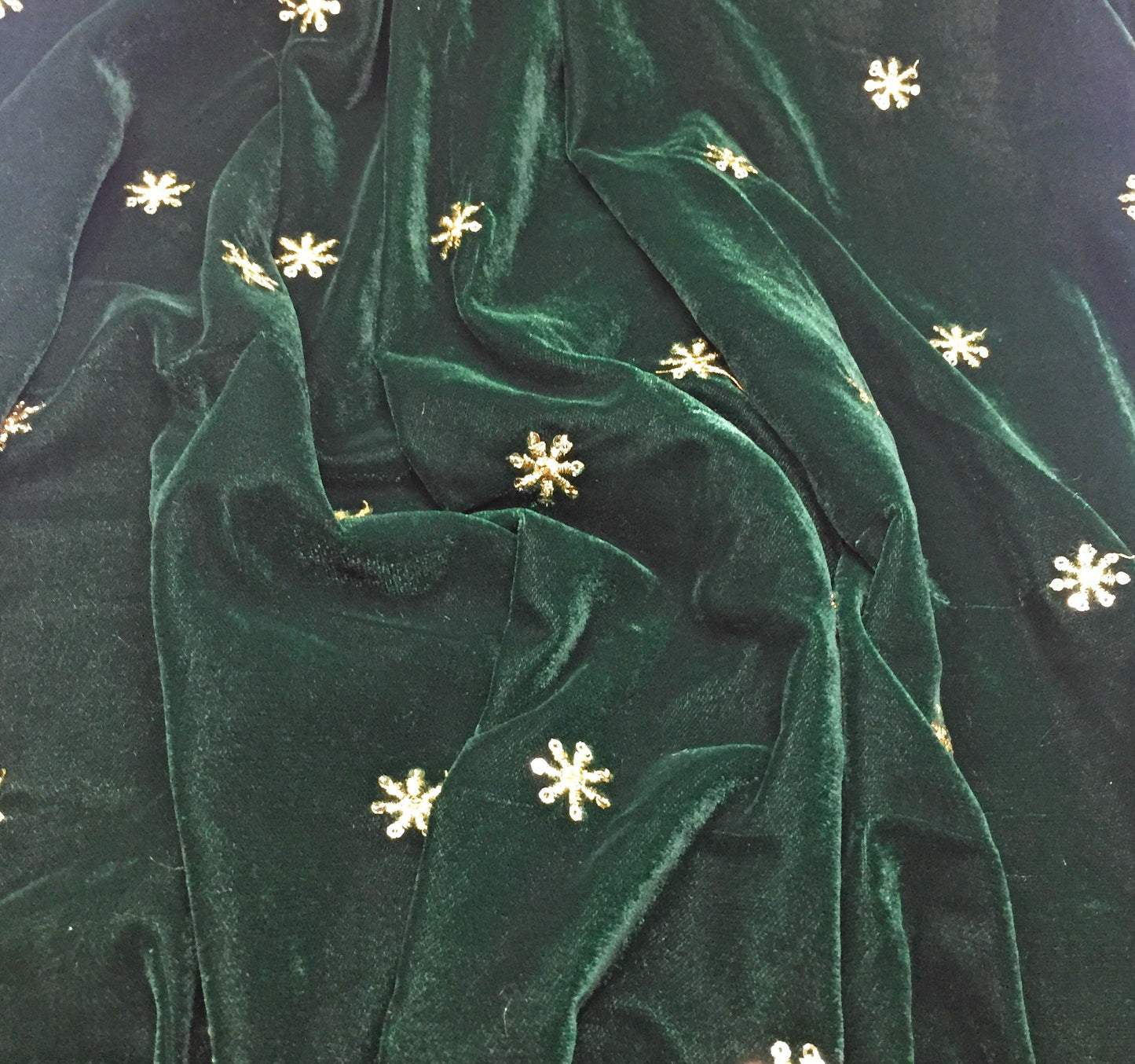 Green Velvet Fabric, Gold Sequin Embroidery Material by meter