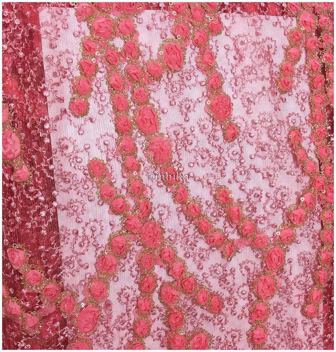 Net Pink Embroidered  Fabric Material - By the yard