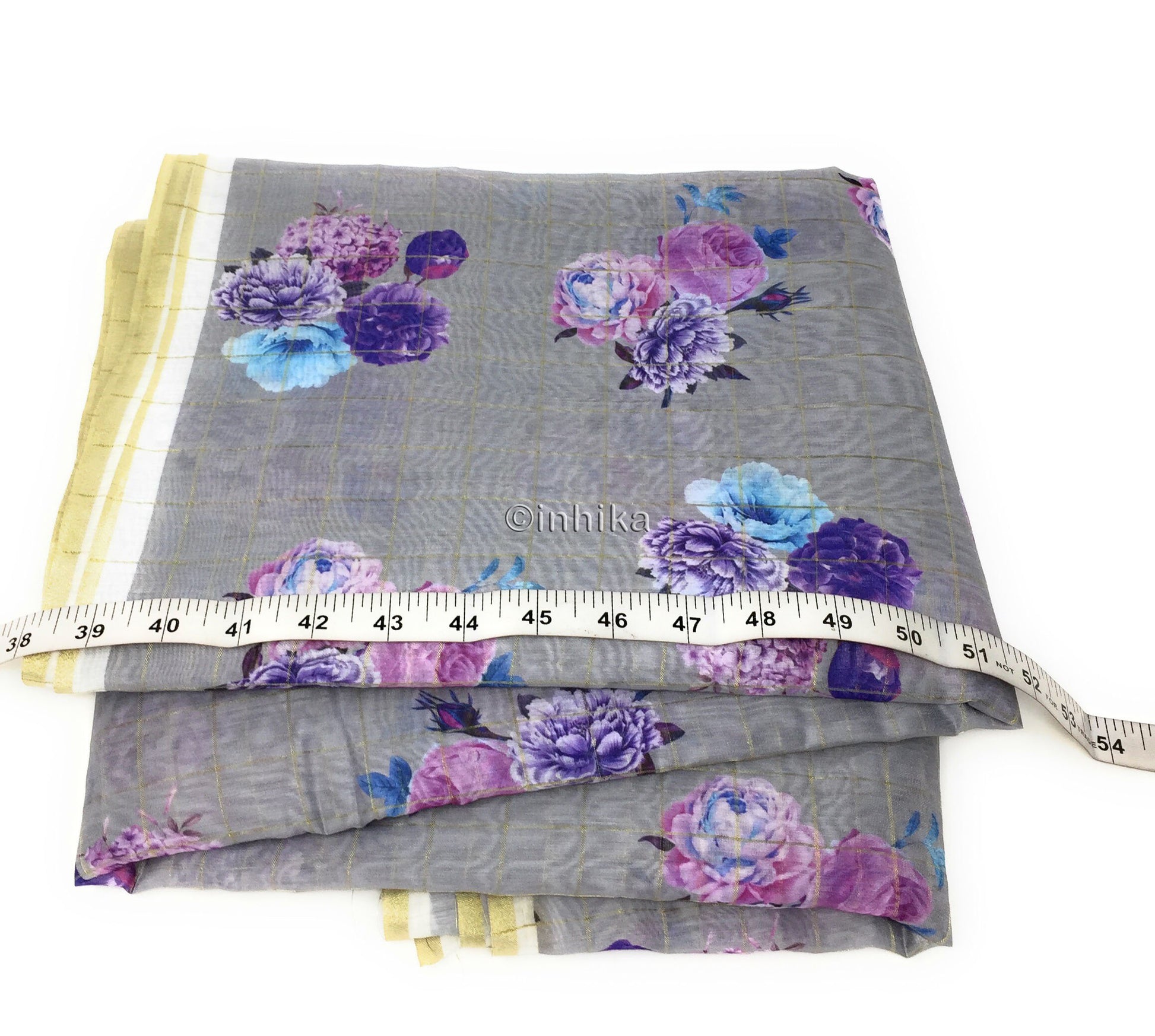 Chanderi Grey flower Printed Fabric Material 