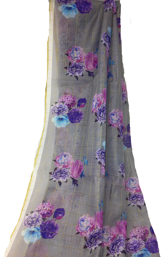 Chanderi Grey Printed Fabric Material By the yard