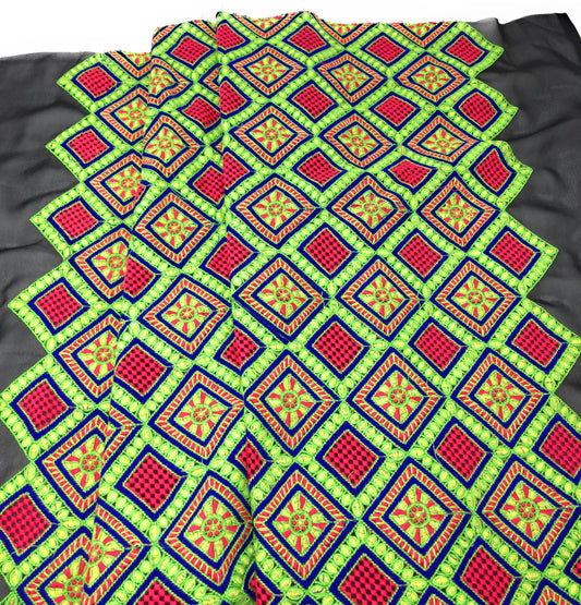 Georgette Fabric, Embroidery In Multicolour Threads On Black 
