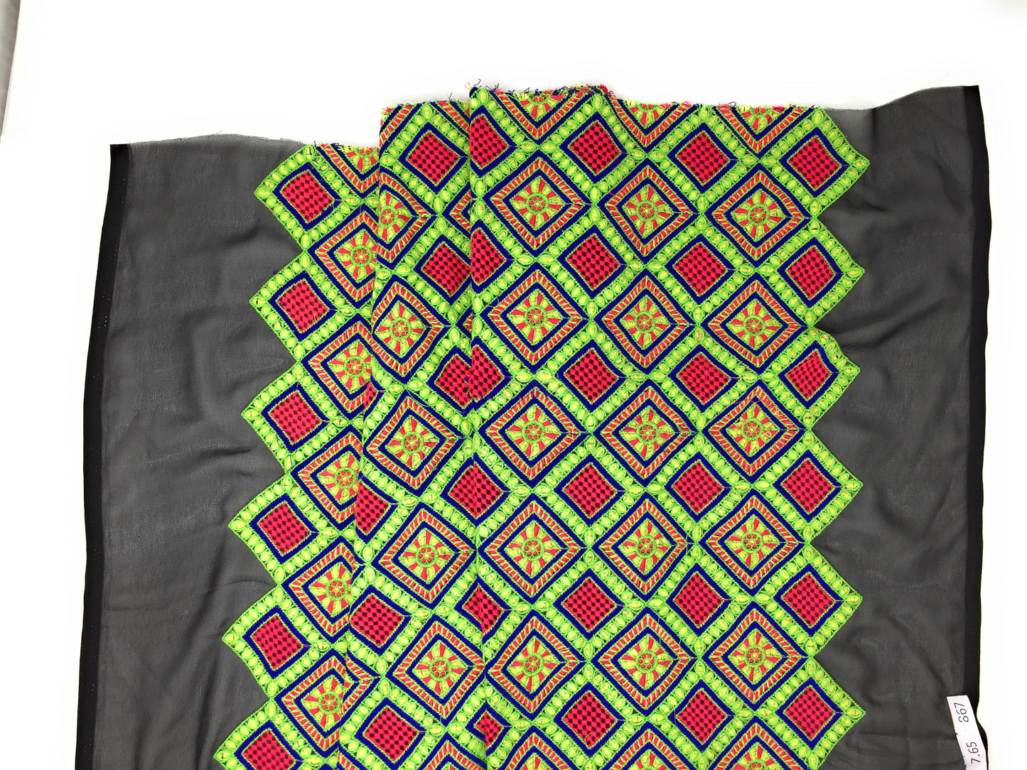 Georgette Fabric, Embroidery In Multicolour Threads On Black 
