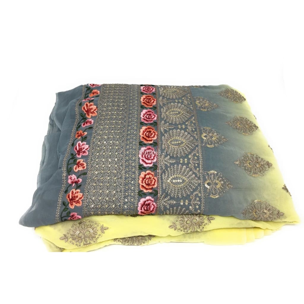 Light Yellow and Grey Colour Embroidered Dress Material Fabric  - fabric material Georgette Embroidered Fabrics Overall Embroidery