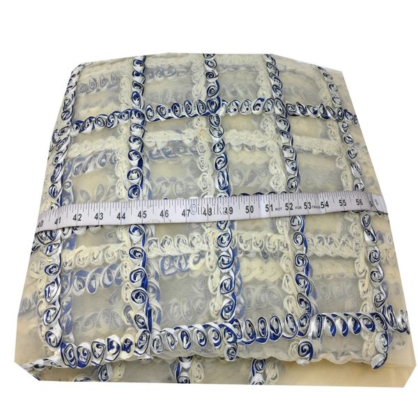 3D Rose Ribbon Embroidery On  White Net Mesh Fabric
