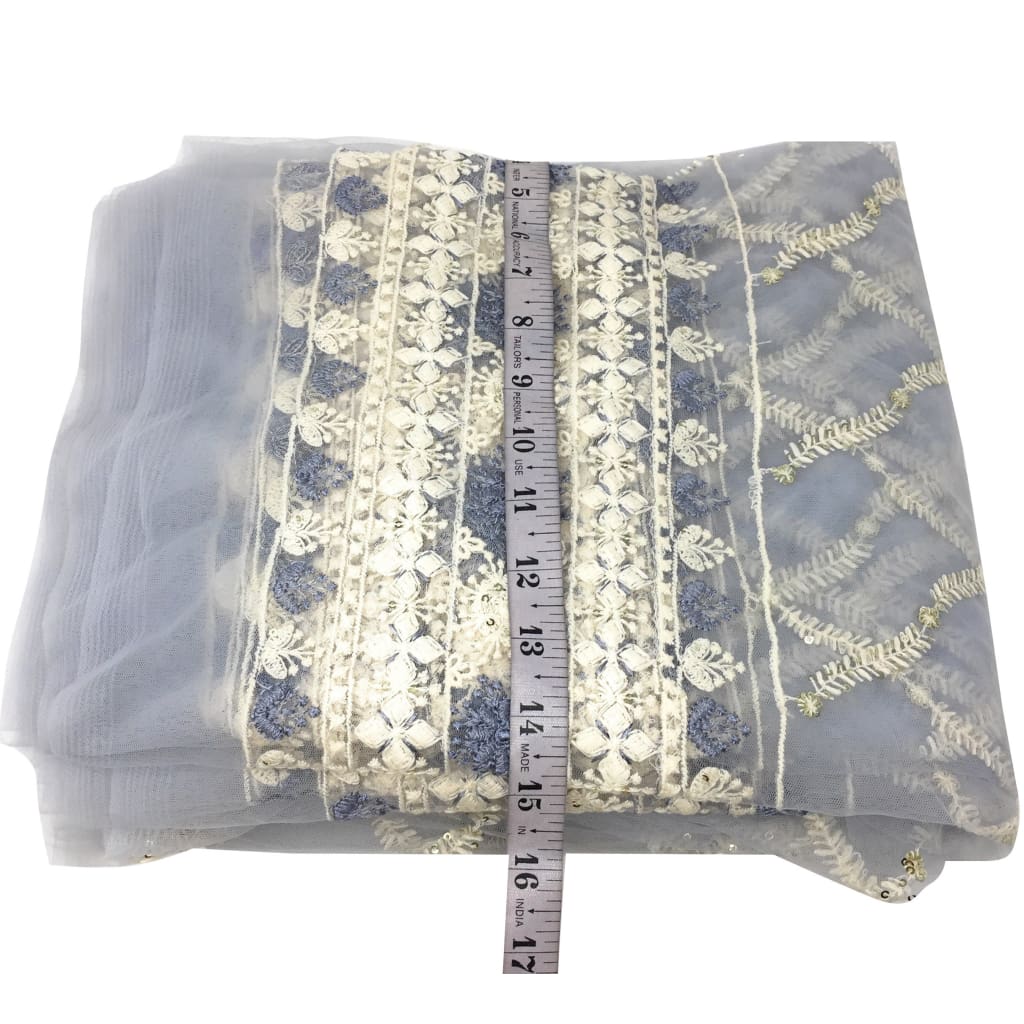Embroidered Net Materialin Light Grey N White Embroidery - fabric pastel net lucknowi embroidery Pastel Net embroidered sequins