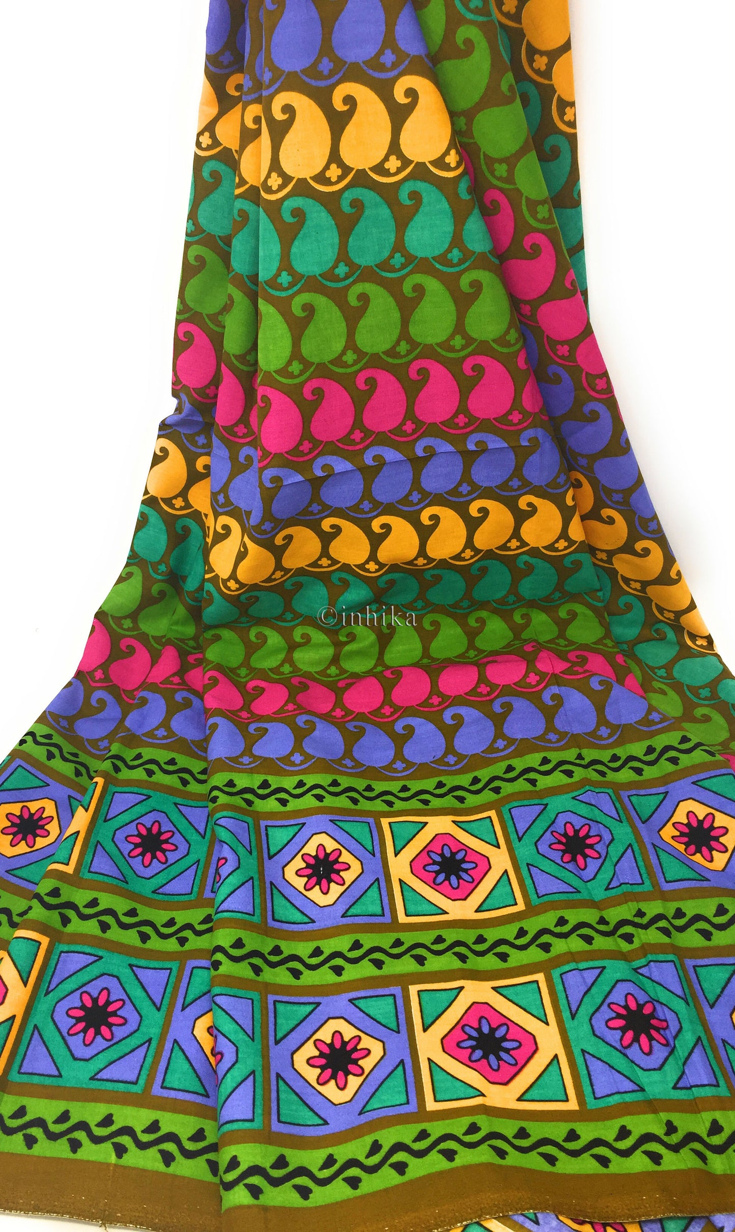 Pure Cotton, Printed colour fast fabric, brown base, kairi print, multicolour border