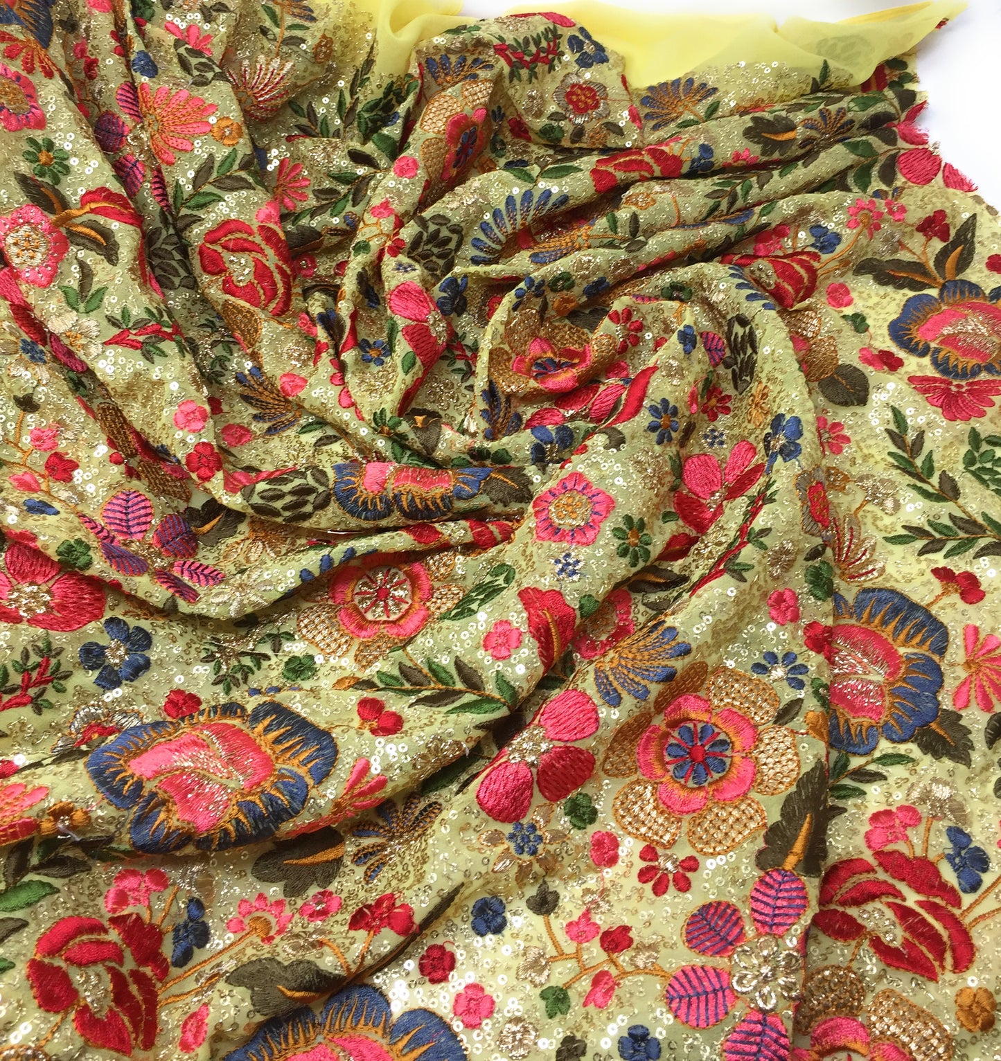Yellow Gold Sequence Multicolor Embroidery Fabric Material on Georgette