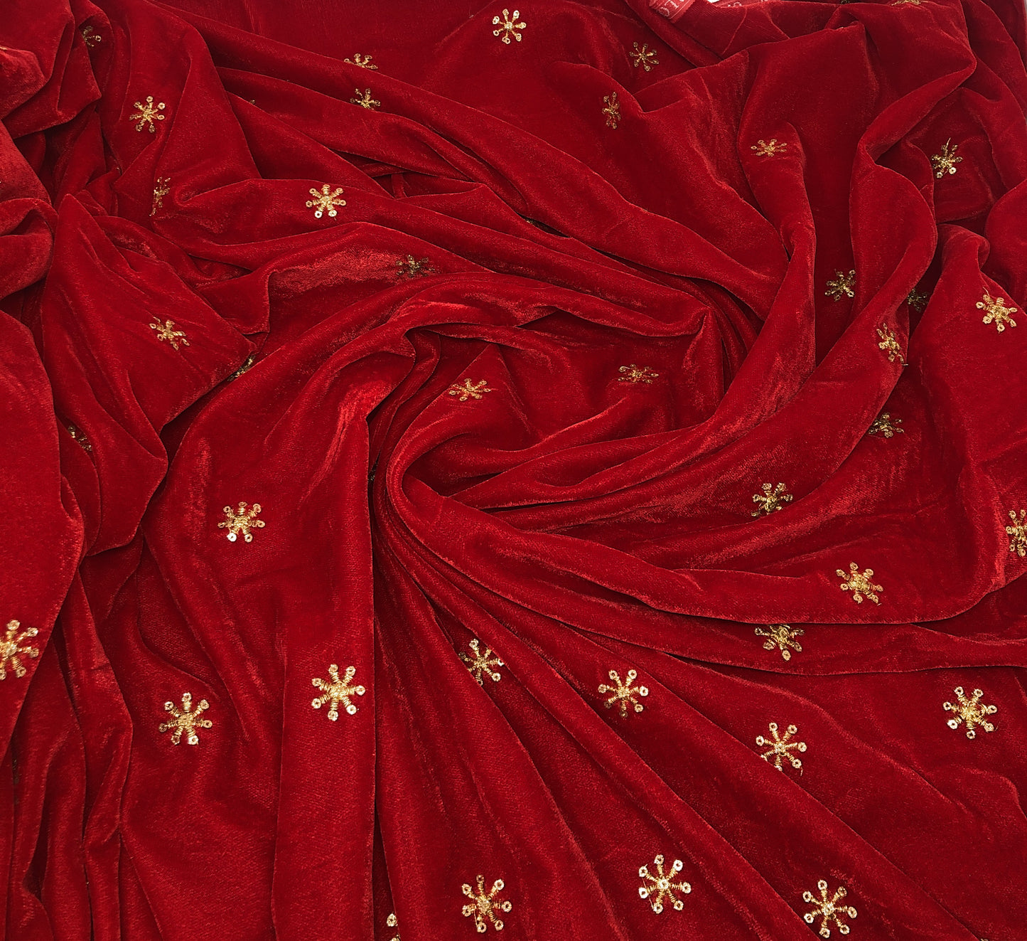 Red Velvet Fabric, Gold Sequin Embroidery Material by meter