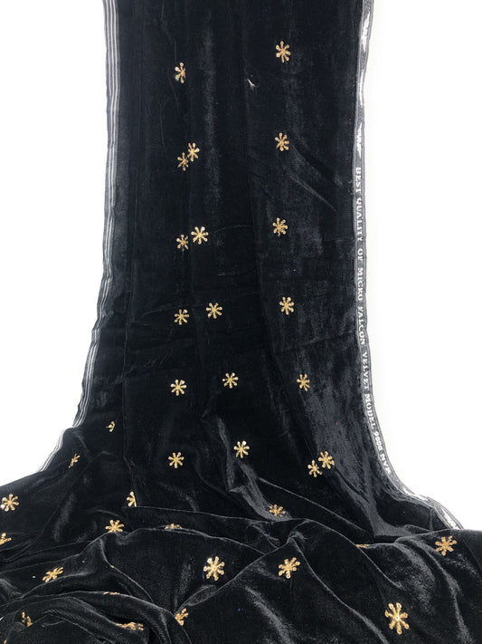 Black Velvet Fabric, Gold Sequin Embroidery Material by meter