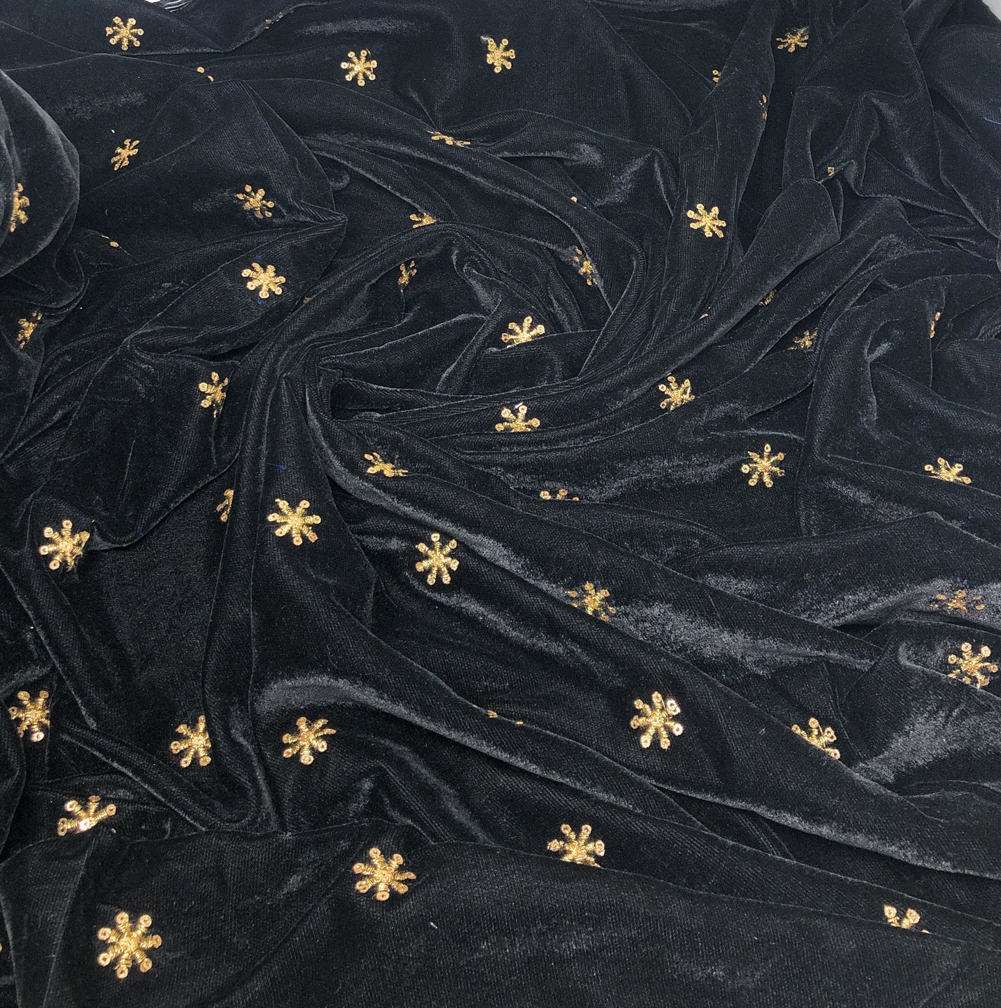 Black Velvet Fabric, Gold Sequin Embroidery Material by meter