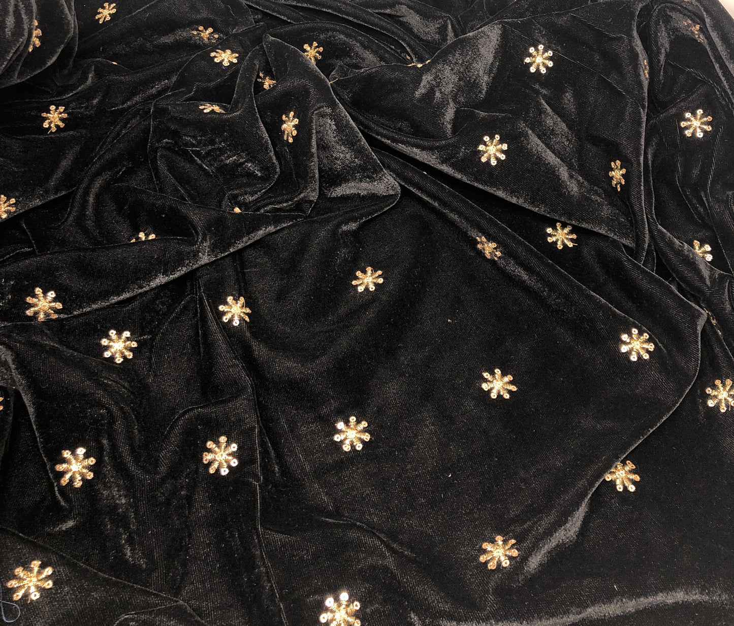 Black Velvet Fabric, Gold Sequin Embroidery Material by meter