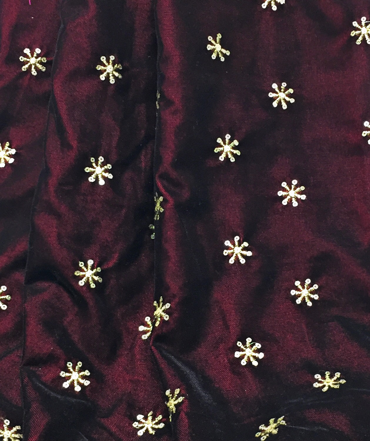 Maroon Velvet Fabric, Gold Sequin Embroidery Material by meter