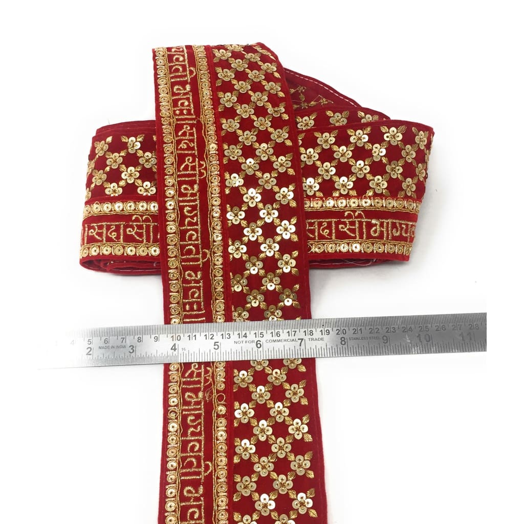 Bridal Sada Saubhagyavati Bhav Heavy Embroidered Lace Border Trim - 2.5 Meter Long - 9 Meter Lace Roll Flat Trim Red Velvet 230219-11