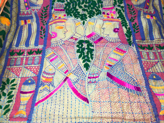 Embroidered Stole - Kantha Work on Madhubani Art Form