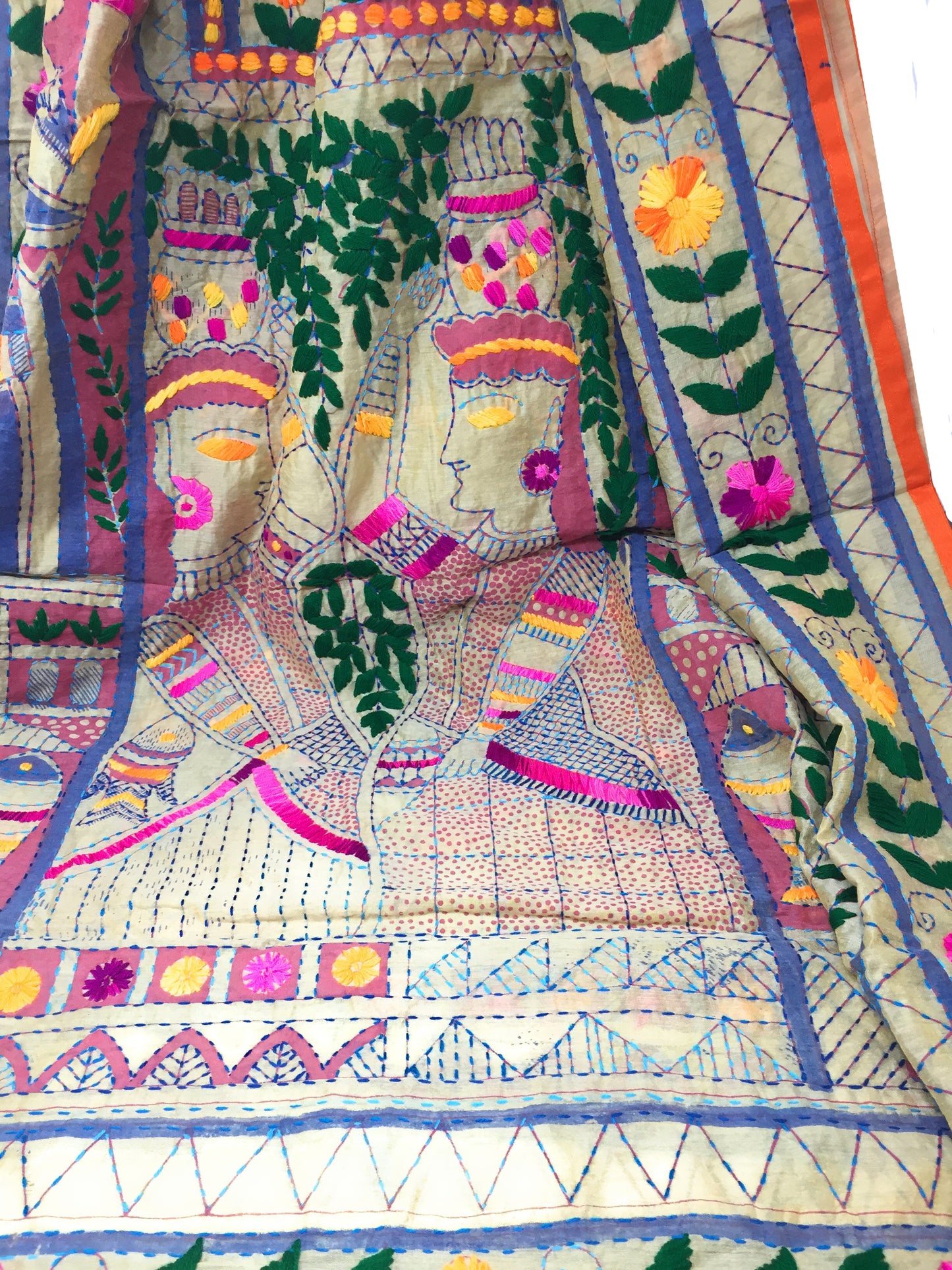 Embroidered Stole - Kantha Work on Madhubani Art Form