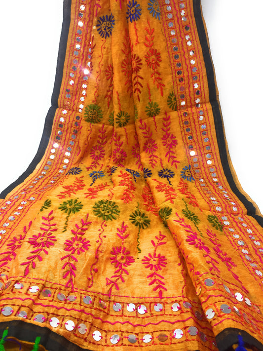 Orange Black Handwork Kutchi Embroidery Dupatta