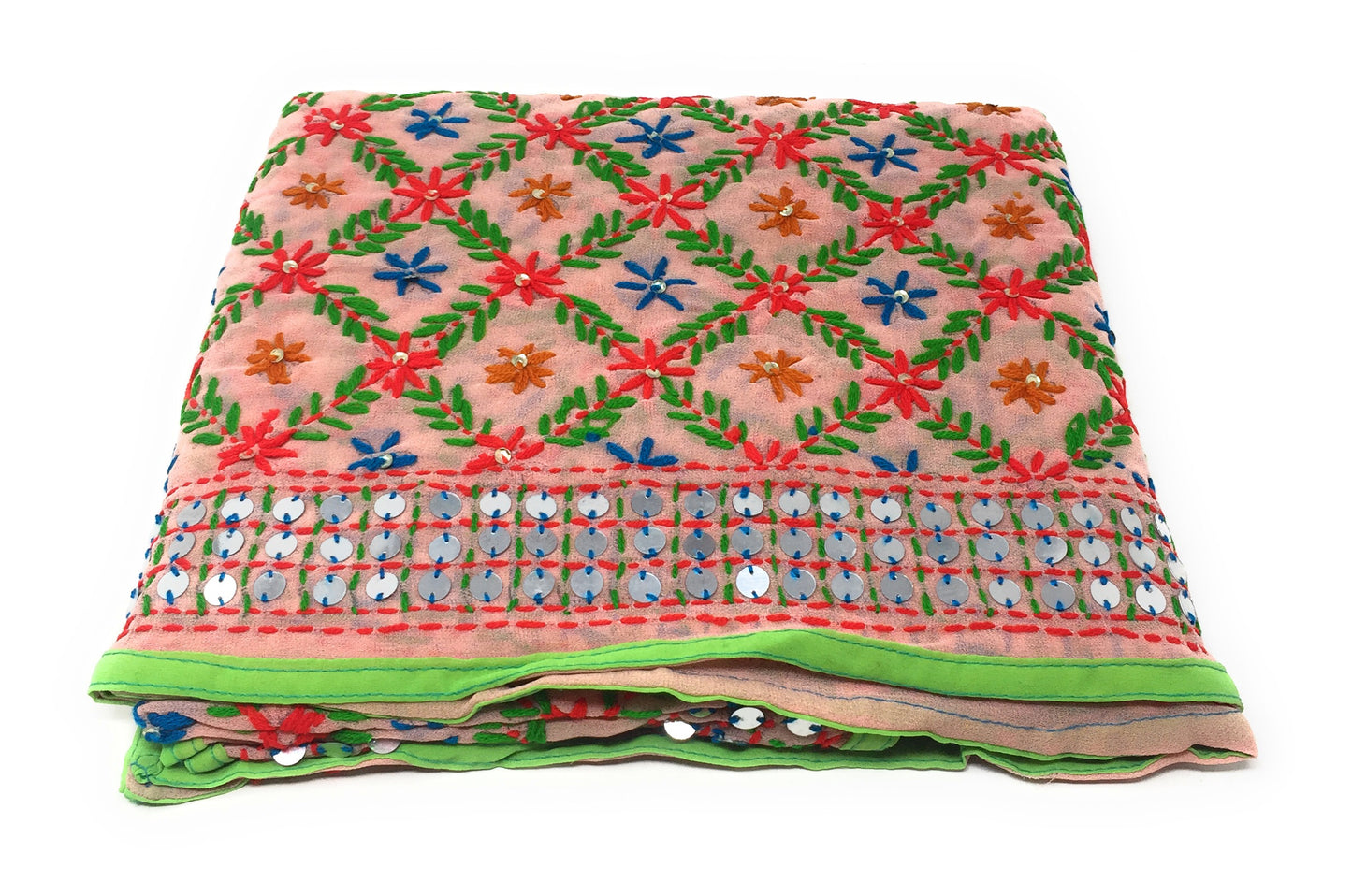 Pink Green Phulkari Dupatta, Multi Colour Embroidery, Mirror Work