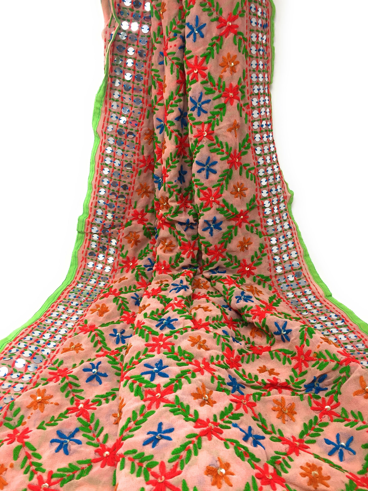 Pink Green Phulkari Dupatta, Multi Colour Embroidery, Mirror Work