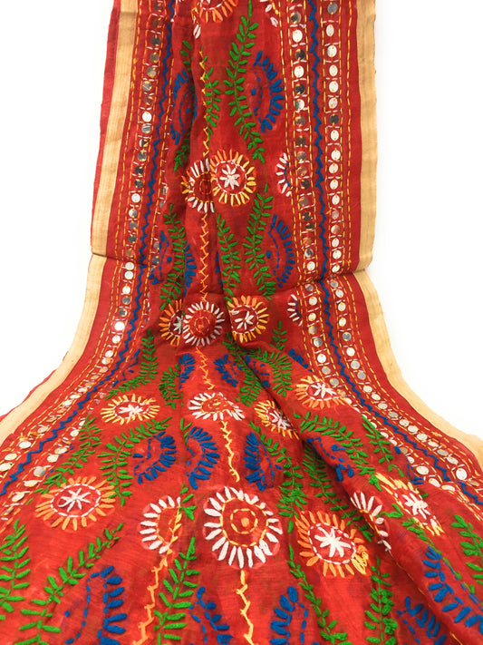 Handwork Chunni in Orange, Multicolor Work Chanderi Dupatta