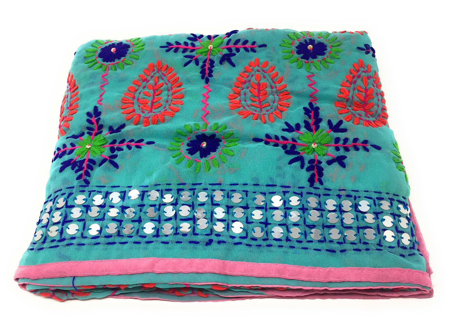 Sea Blue Phulkari Dupatta, Multi Colour Embroidery, Mirror Work