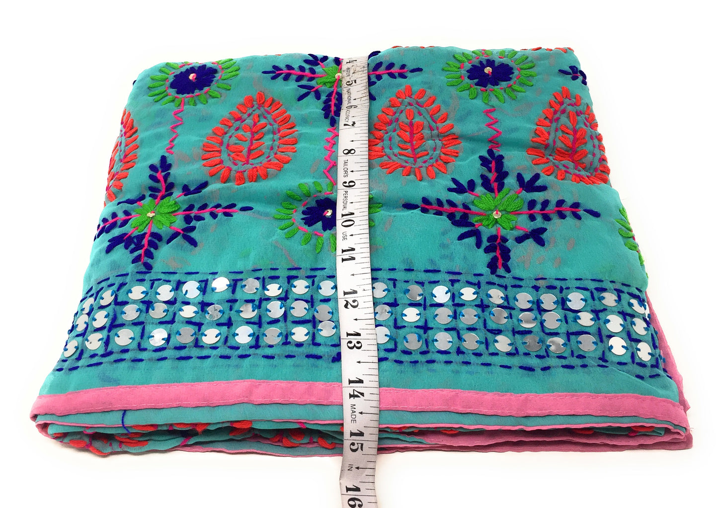 Sea Blue Phulkari Dupatta, Multi Colour Embroidery, Mirror Work
