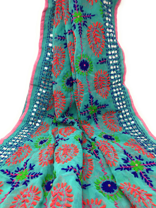 Sea Blue Phulkari Dupatta, Multi Colour Embroidery, Mirror Work