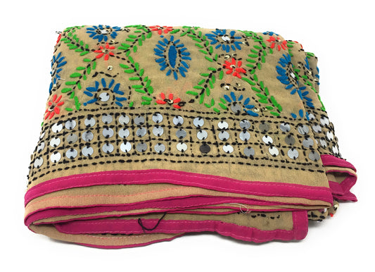Phulkari Embroidery Dupatta in Light Beige Paper Mirror Work