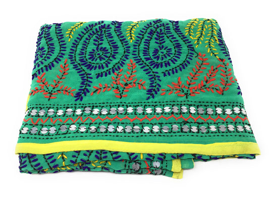 Phulkari Embroidery Dupatta in Green Yellow Paper Mirror Work