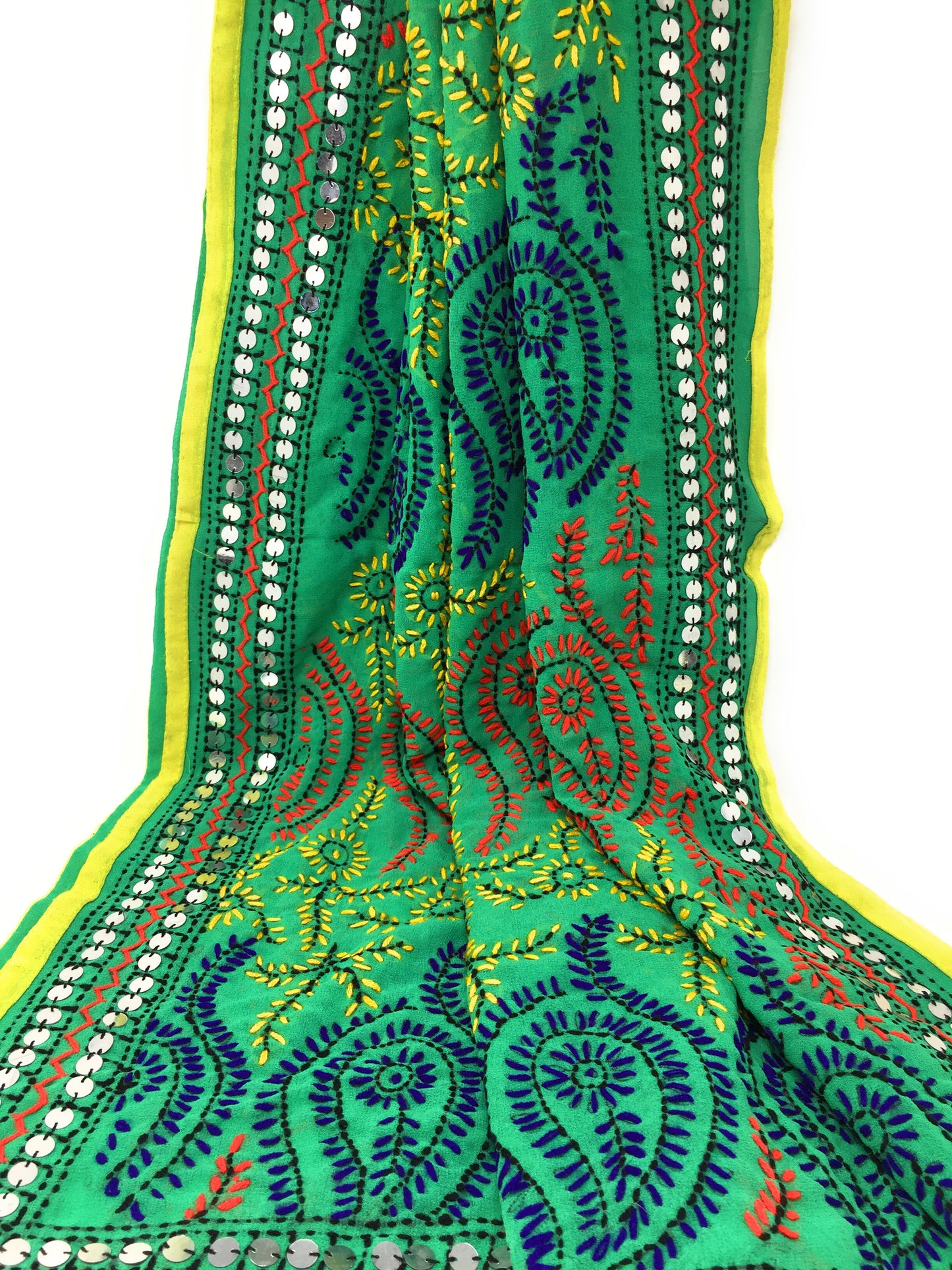 Phulkari Embroidery Dupatta in Green Yellow Paper Mirror Work