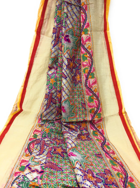 Handmade Dupatta - Kantha Embroidery on Madhubani Motif