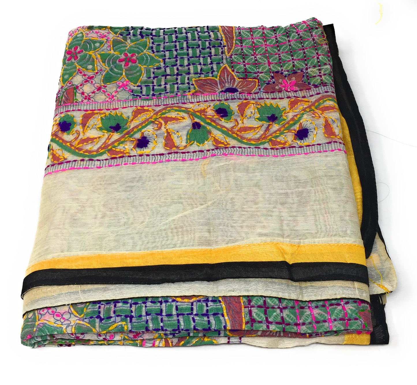 Kantha Embroidery Dupatta, Multicolou Work on Madhubani Painting