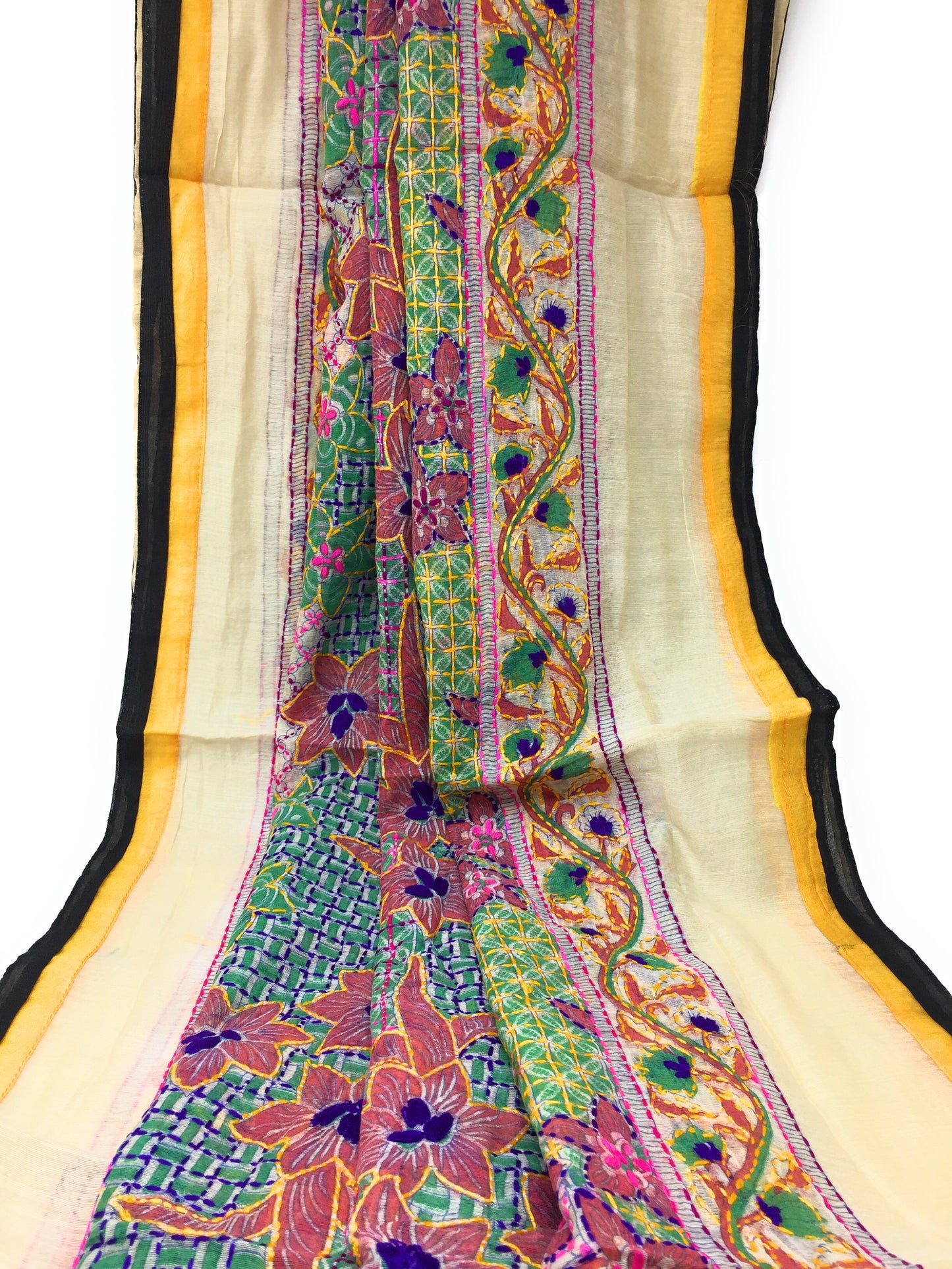 Kantha Embroidery Dupatta, Multicolou Work on Madhubani Painting