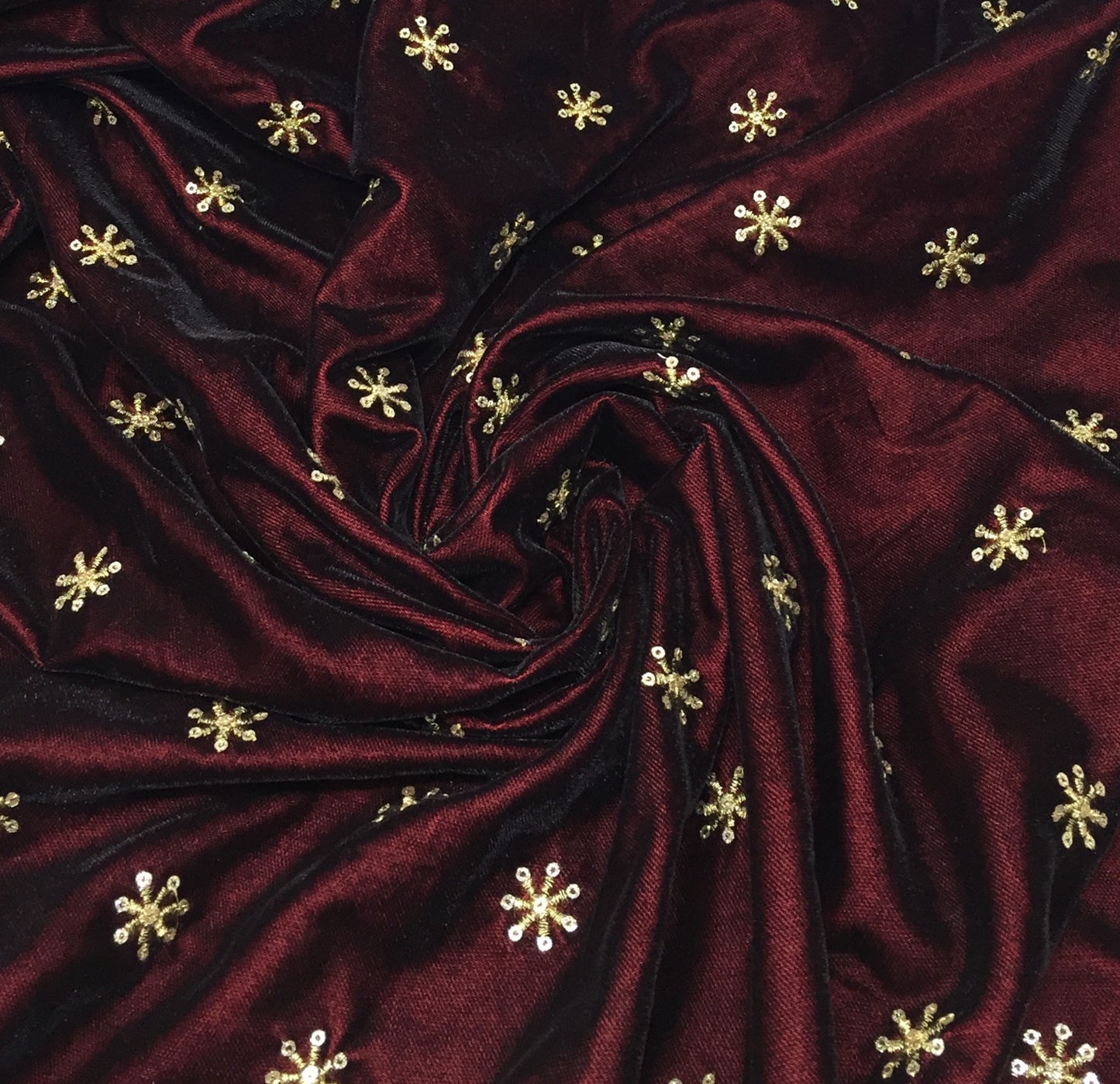 Maroon Velvet Fabric, Gold Sequin Embroidery Material by meter