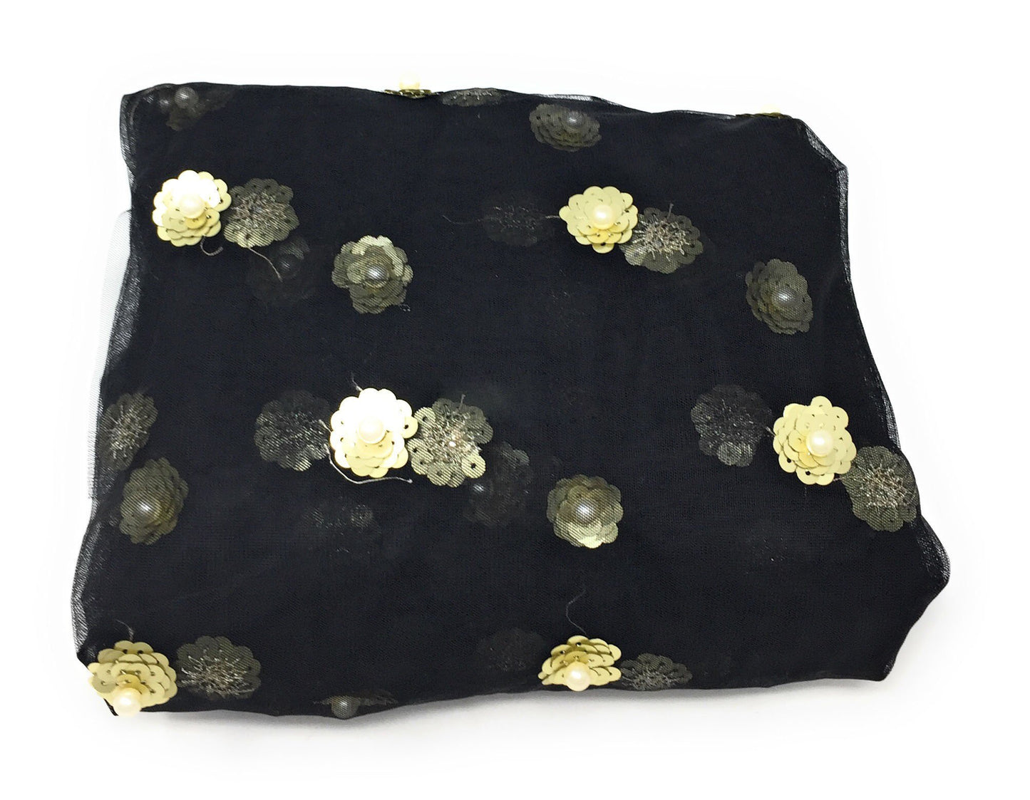 Black Beaded Fabric with White Pearls