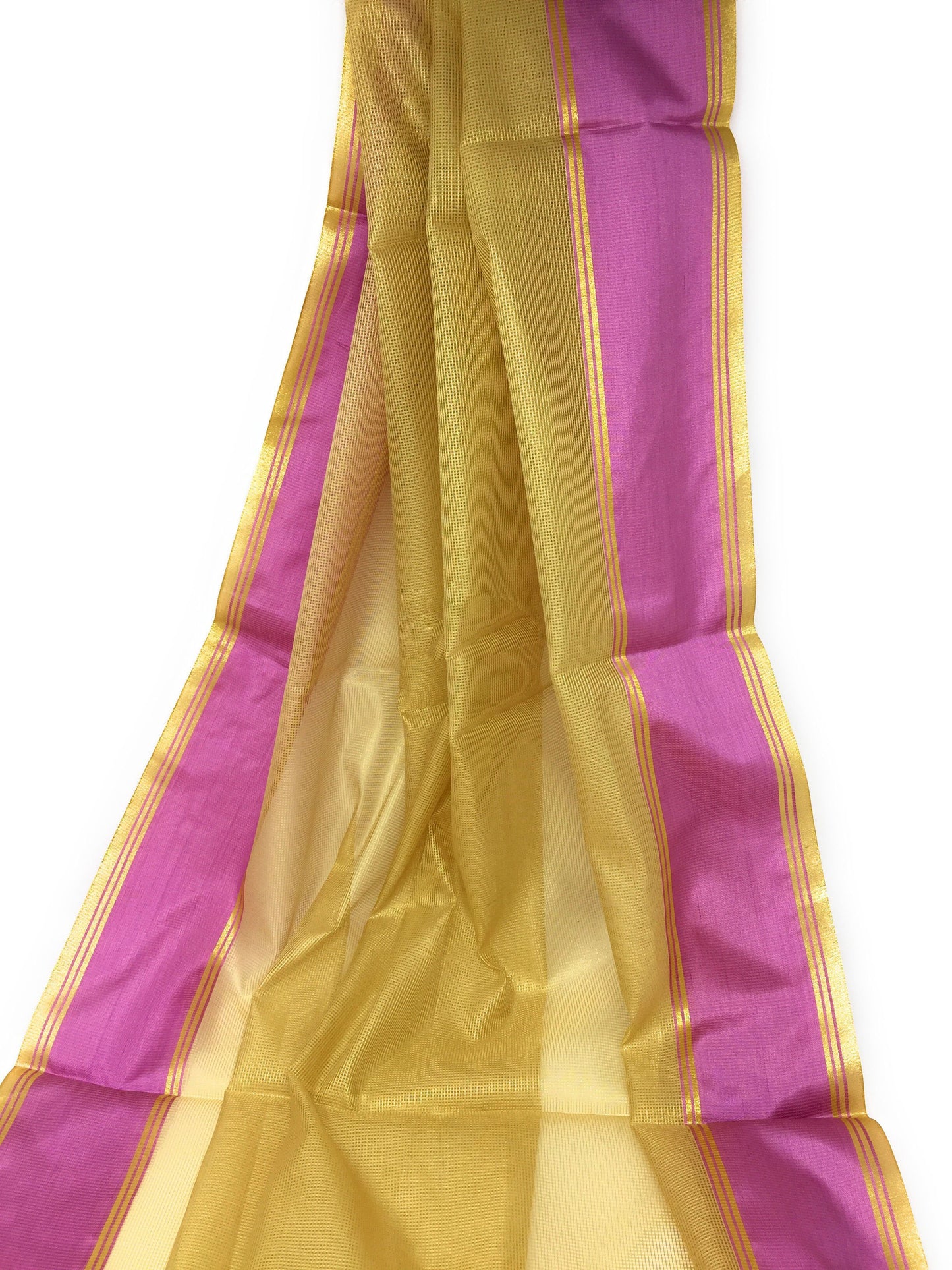 Golden Tissue Fabric with Mesh Pattern and Purple Border