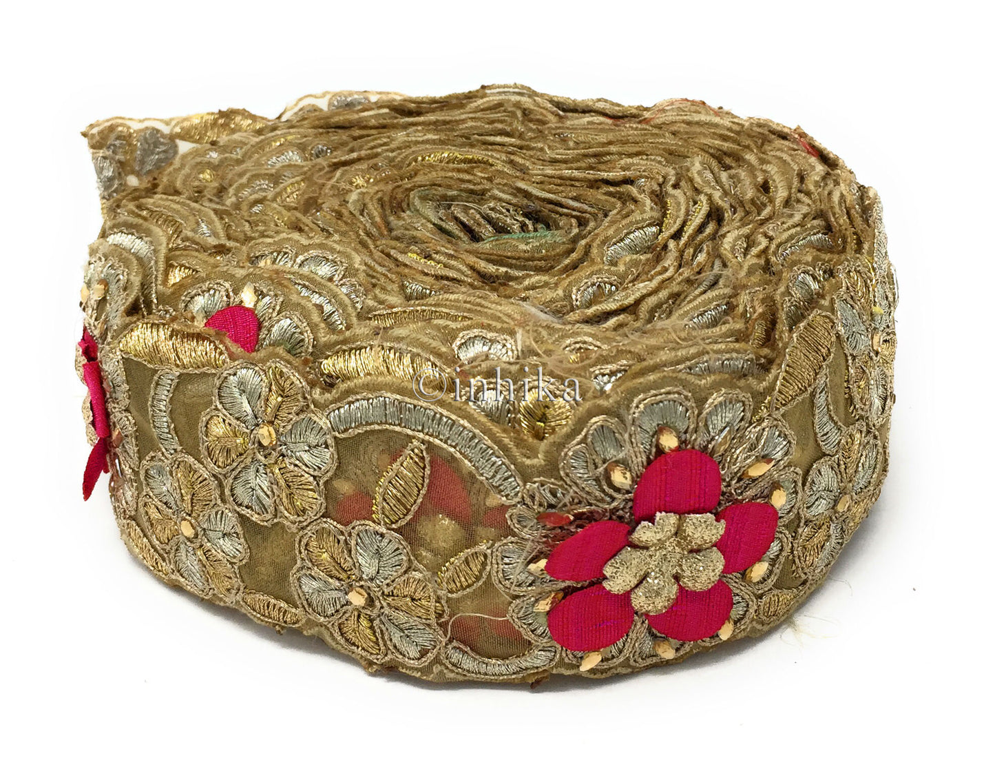 9 mtr lace border trim 3D dark pink flower on beige gold tissue stone embroidery