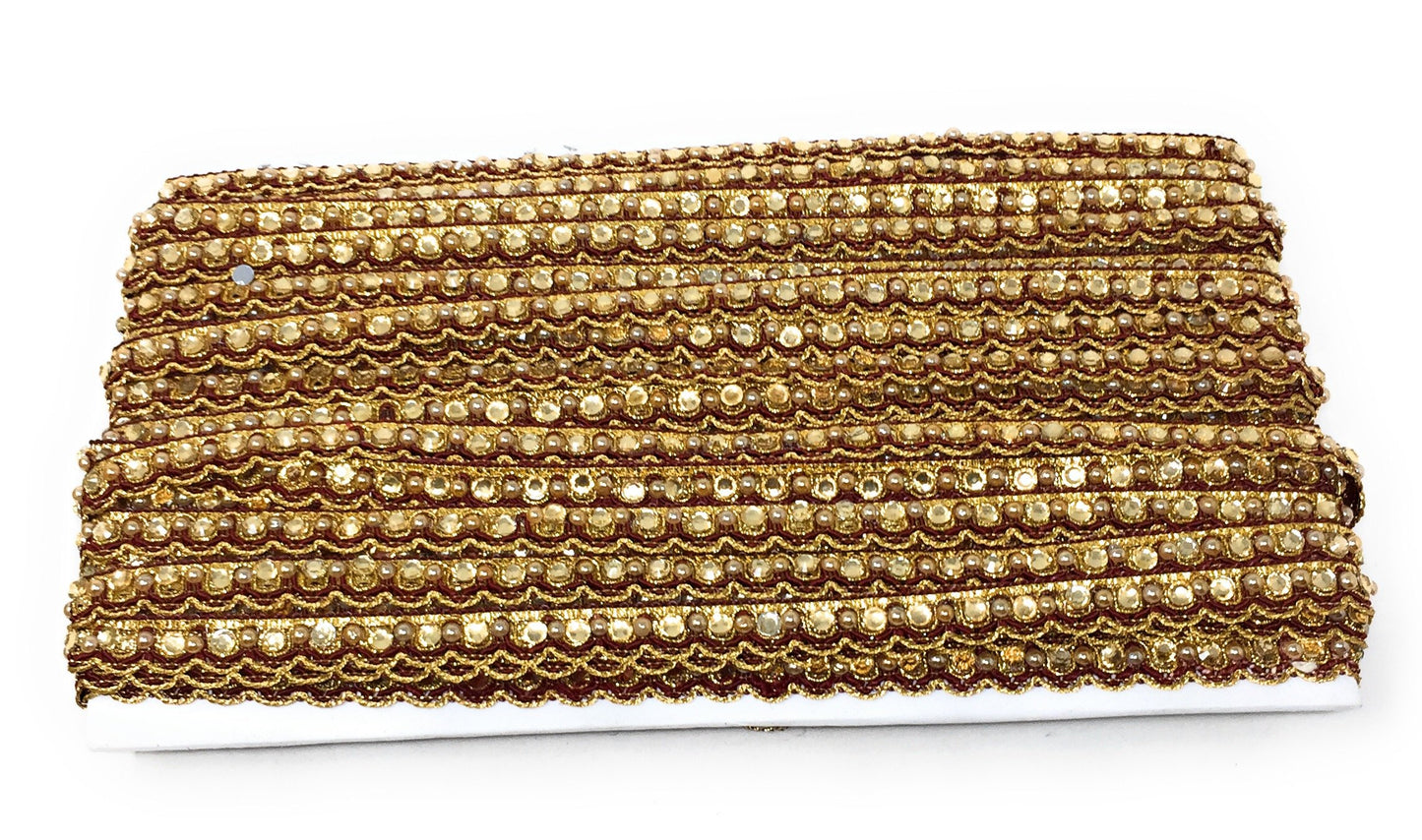 Maroon Pearl Beaded Saree Border Trim - 9 Meter Roll