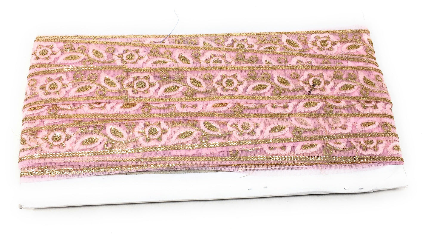 Paste Pink Sequins Embroidery Saree Border Trim - 9 Meter Roll