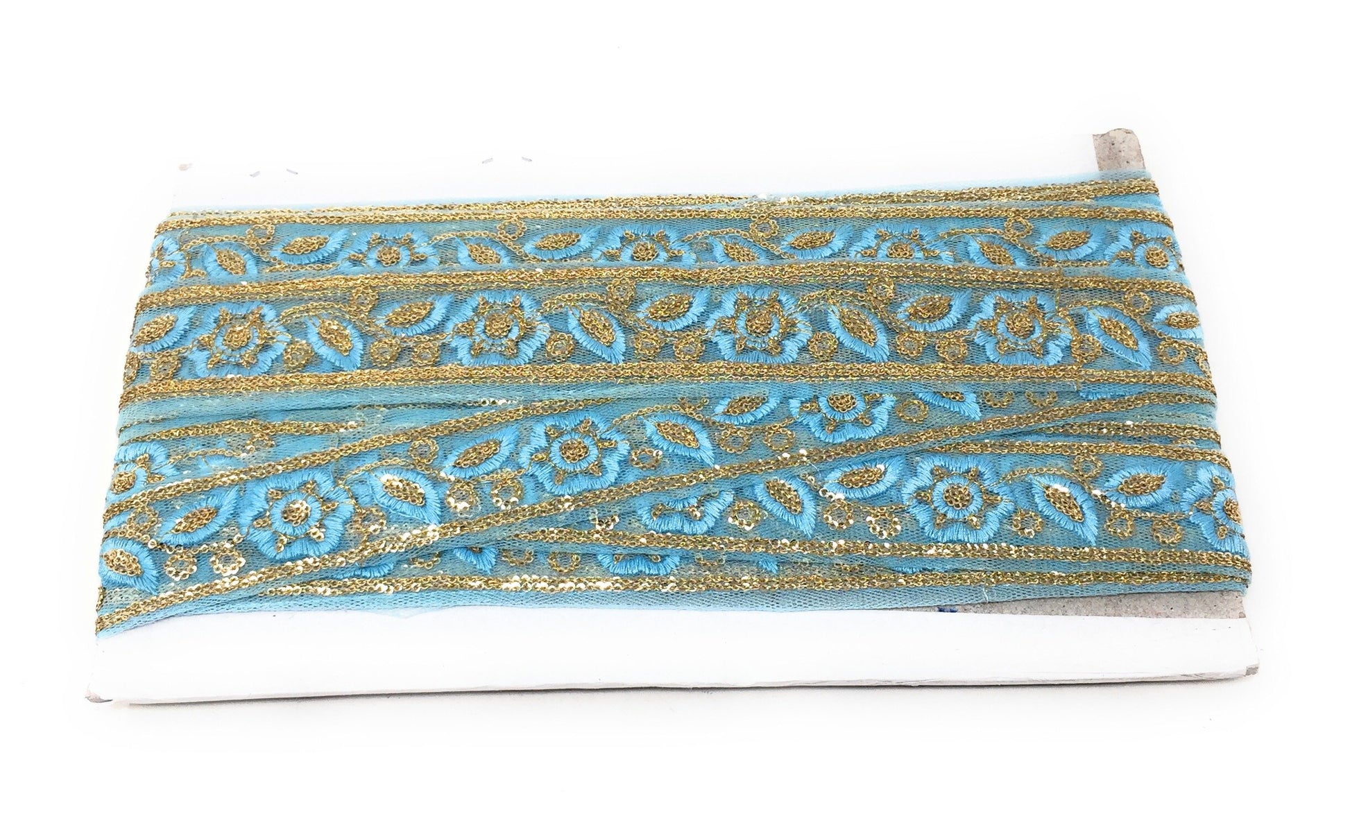 Pastel Blue Sequins Embroidery Saree Border Trim - 9 Meter Roll
