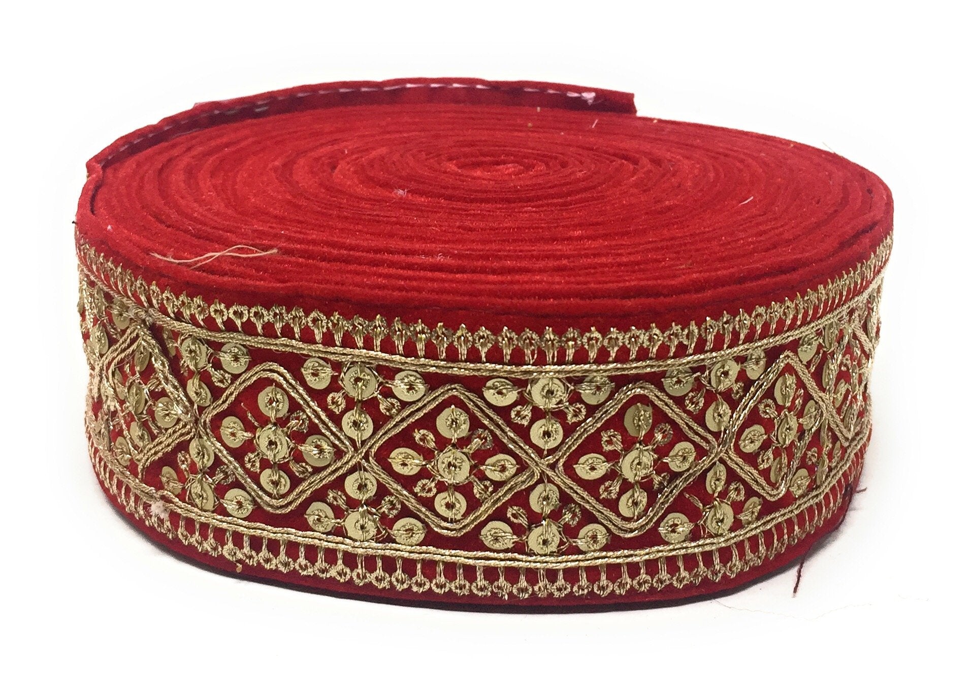 Red Sequins Embroidery Saree Border Trim - 9 Meter Roll