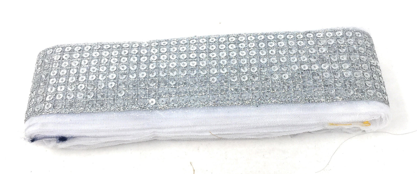 Silver Sequins Embroidery Saree Border Trim - 9 Meter Roll