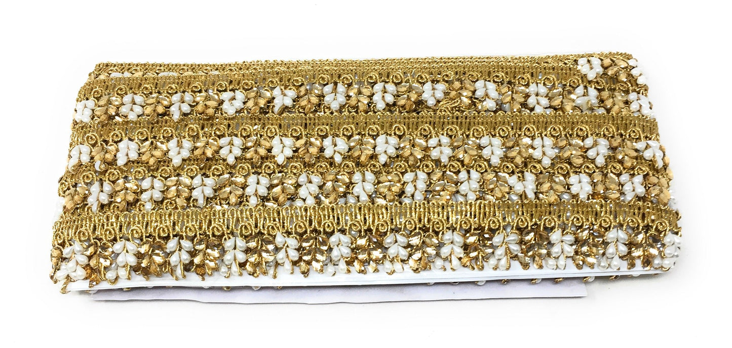 Gold Pearl Beaded Saree Border Trim - 9 Meter Roll