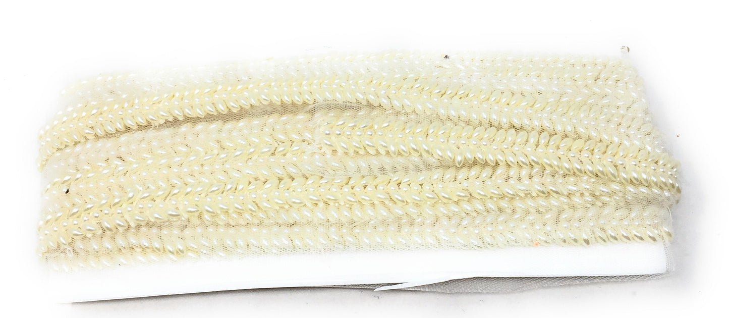 White Beaded Embroidered Saree Border Trim - 9 Meter Roll