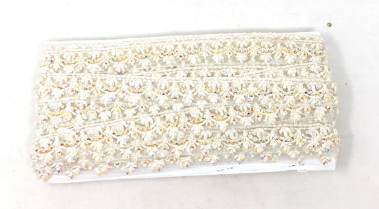 White Beaded Embroidered Saree Border Trim - 9 Meter Roll