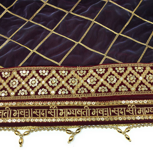 Heavy Bridal Sada Saubhagyavati Bhav Wedding  Reception Puja Dupatta in Maroon