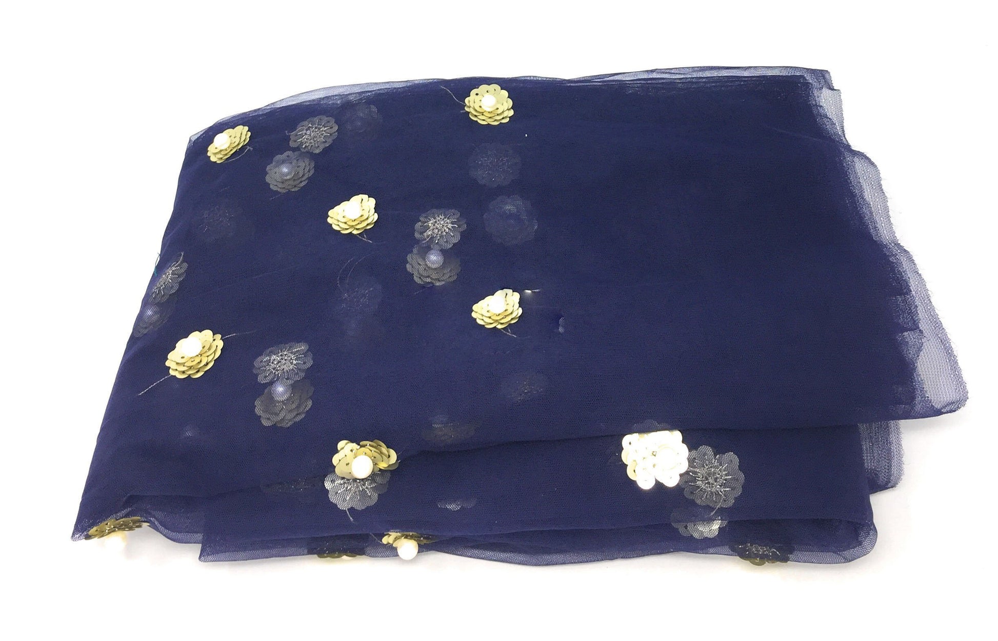 Navy Blue Beaded Lace Fabric with White Pearls