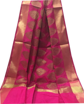 Pure Banarasi Silk Women Handloom Dupatta Stole Scarf Chunni in Gold Rani Pink - Inhika.com