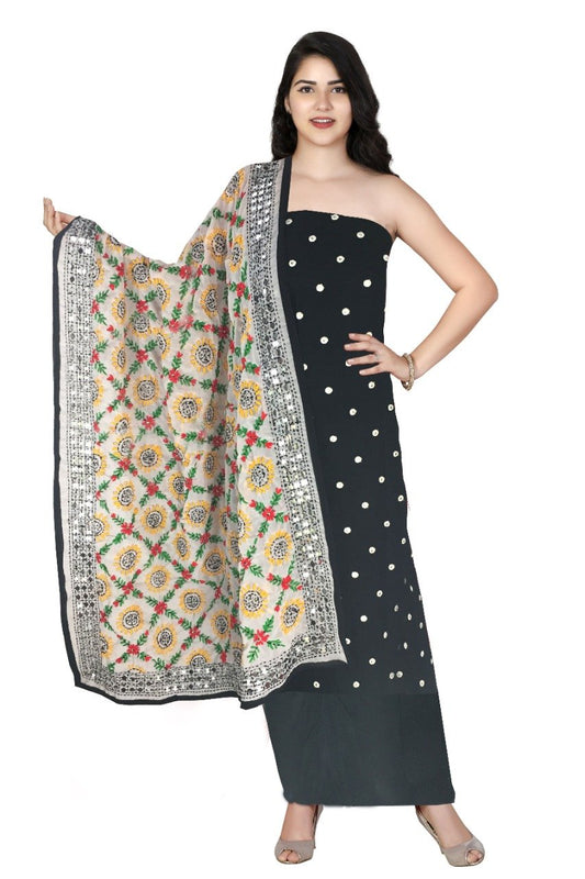 Black dress material cotton mirror embroidery n White embroidered dupatta