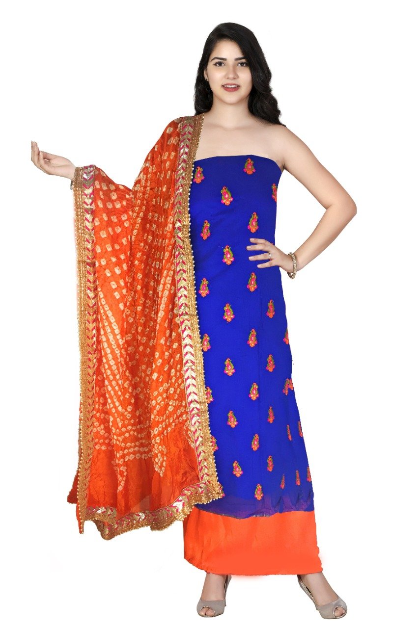 Blue colour Chanderi dress material, Orange bottom With Orange Badhani dupatta